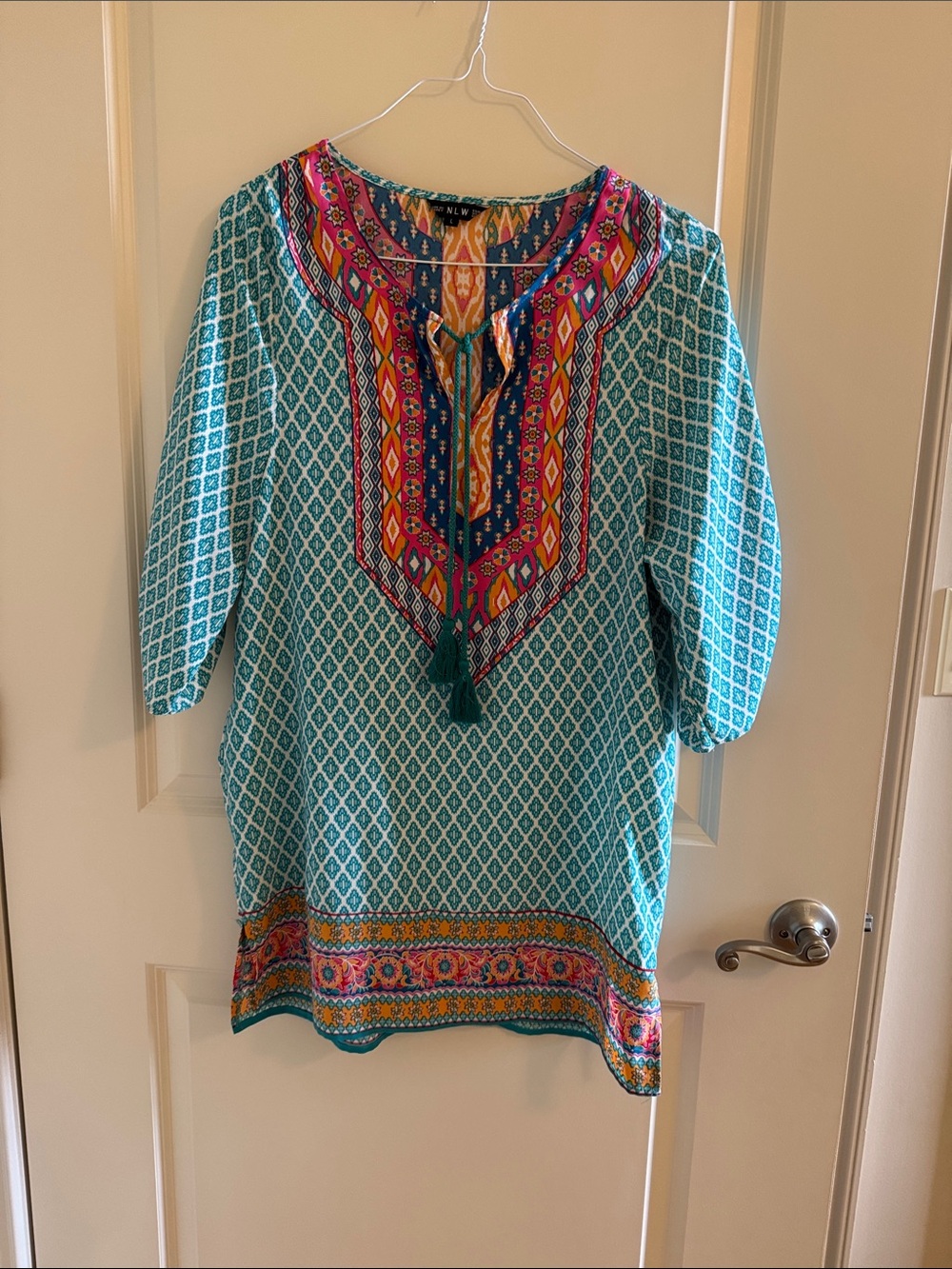 NLW Bright Teal Boho Tunic with Embroidered Yoke. Large